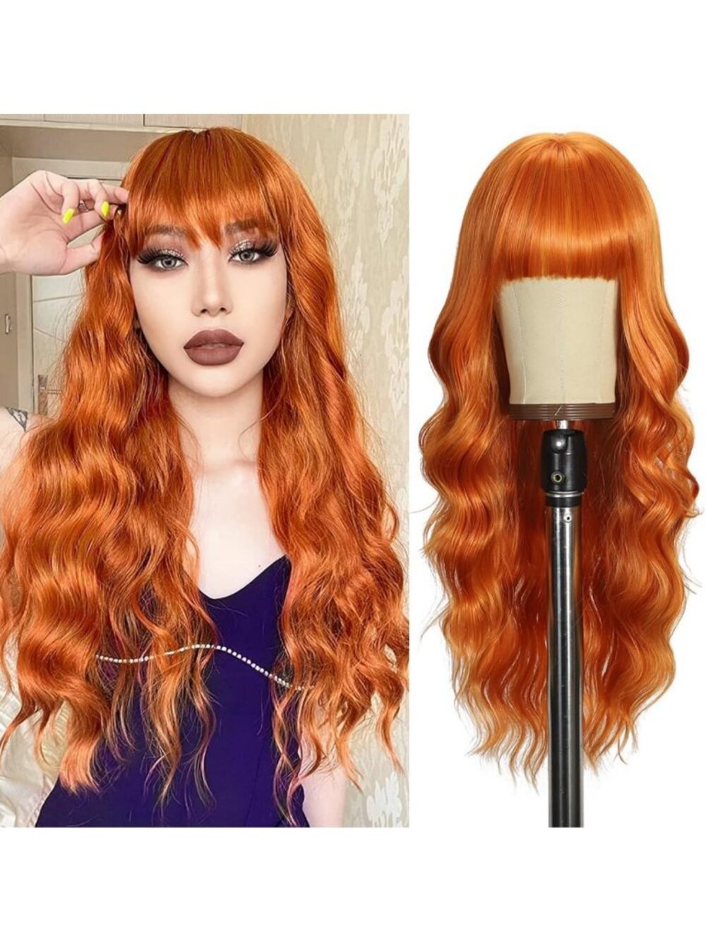 Vibrant Orange Curly Wig with Bangs | Long Wavy Synthetic Hair for Parties 26